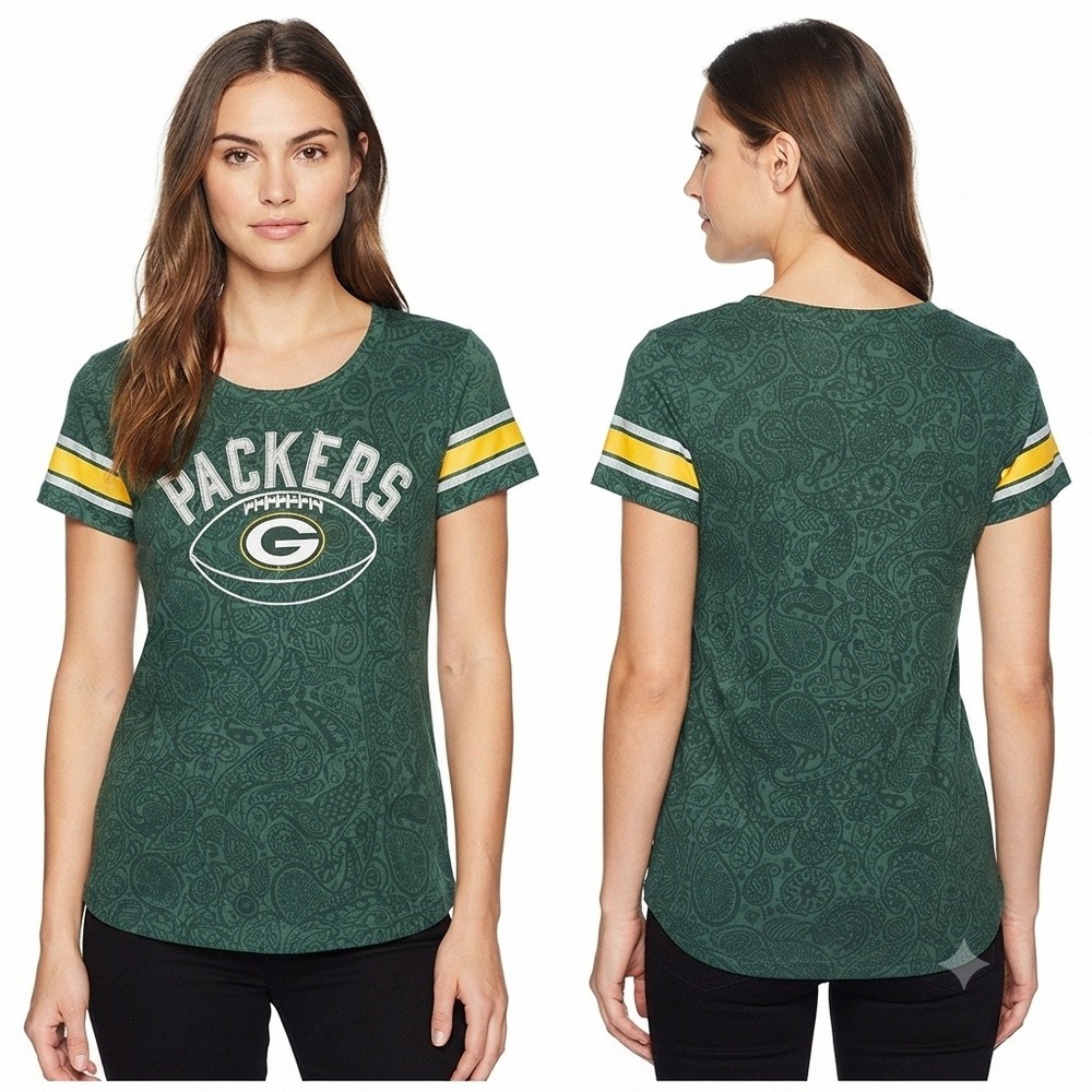 NFL Green Bay Packers Paisley‎ Print T-Shirt Juniors Medium Green Glitter Logo